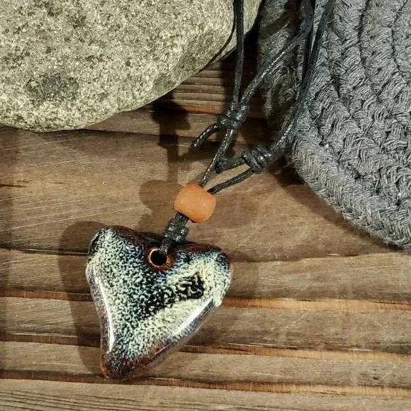 Handcrafted Artsy Heart Glazed Blue Brown Cream Porcelain Pendant Necklace - Picture 3 of 7